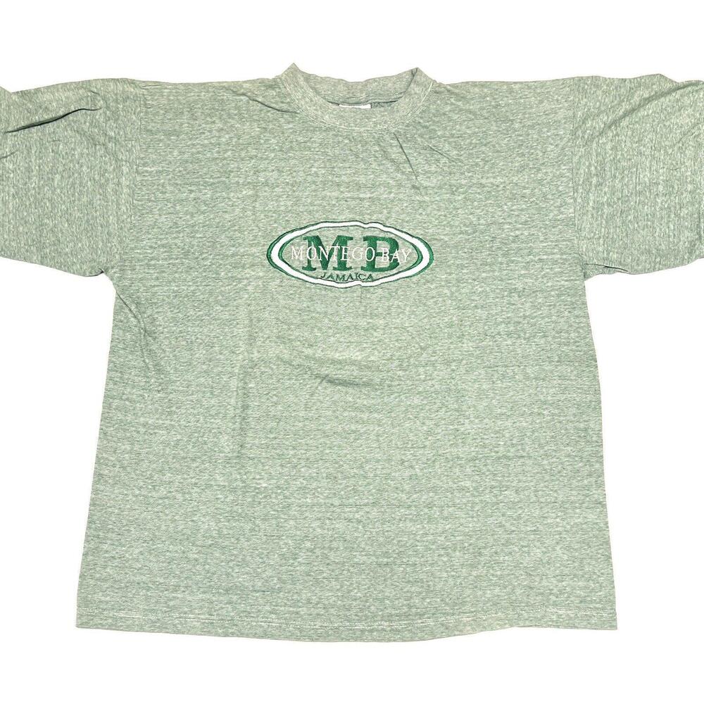 VTG Casual Club T Shirt Montego Bay Jamaica Striped Green Embroidery Sz 2XL Slim